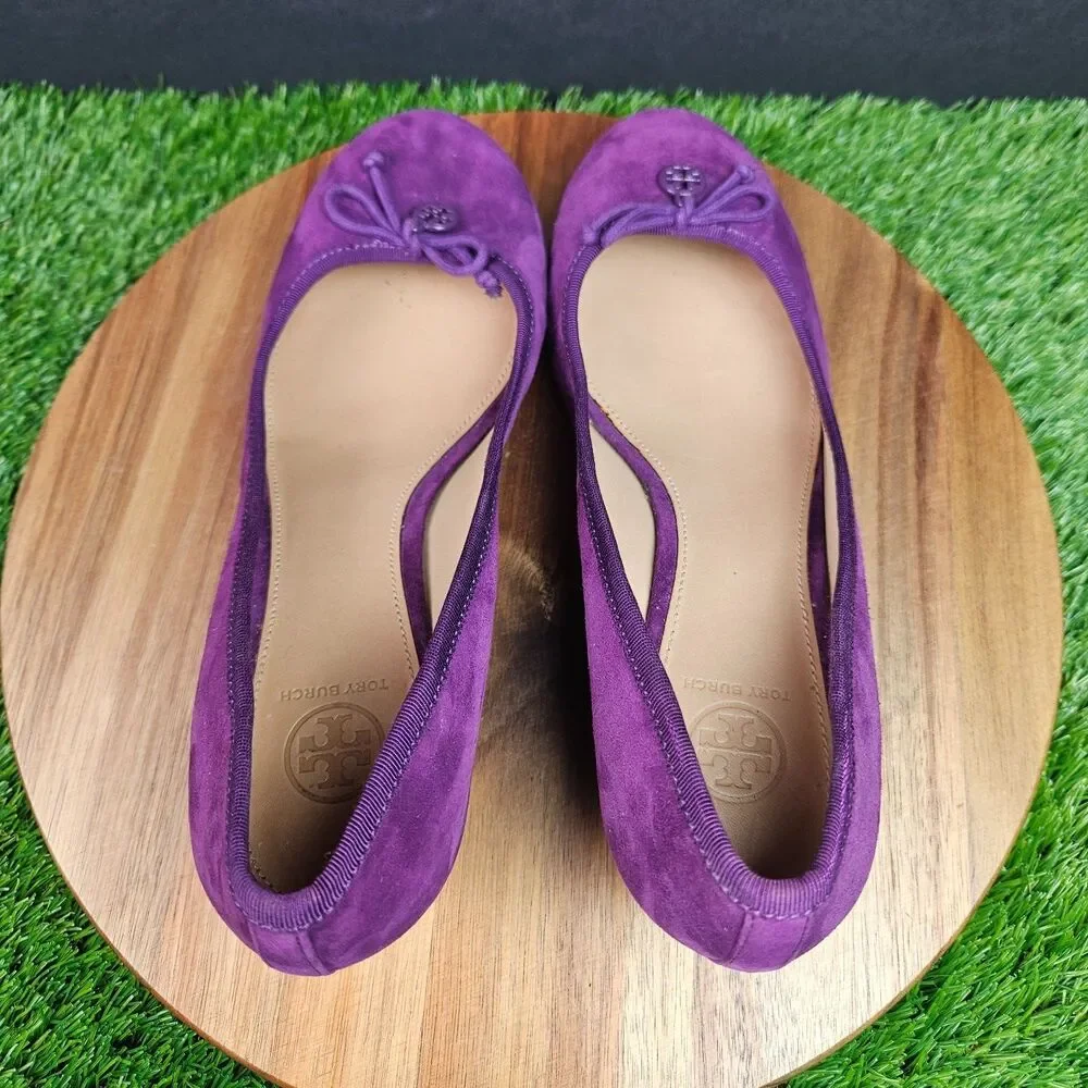Tory Burch Purple Leather Suede Chelsea Wedge Heels Bow Logo Round Toe 10 M